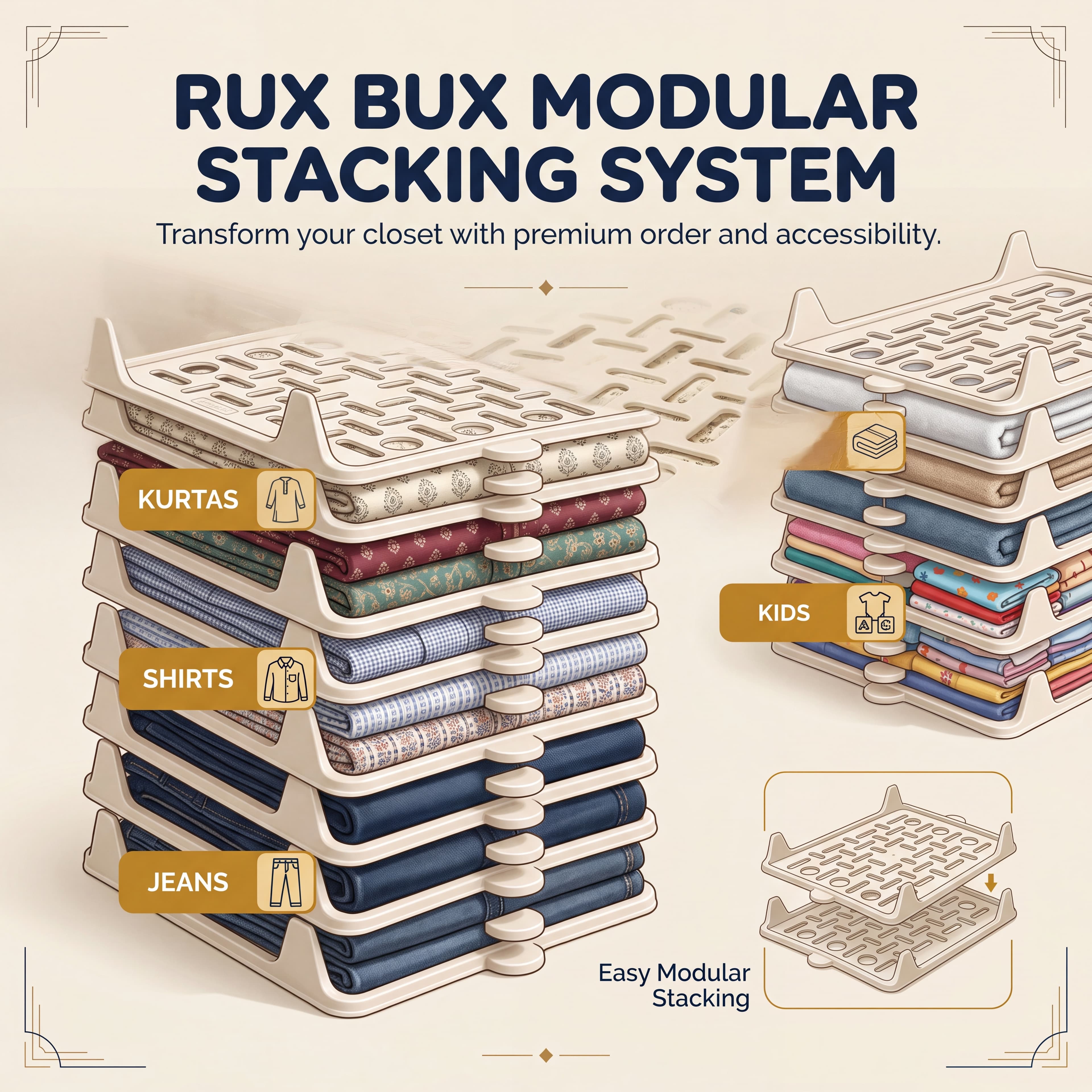 Hands stacking StackSmart wardrobe organizer trays