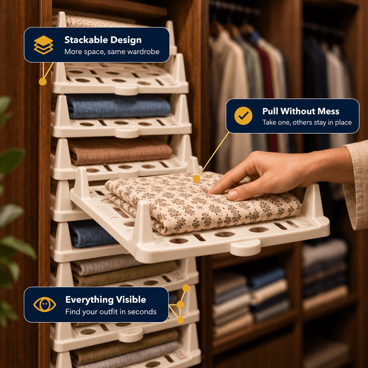 StackSmart wardrobe trays: stackable design, pull without mess, and everything visible.