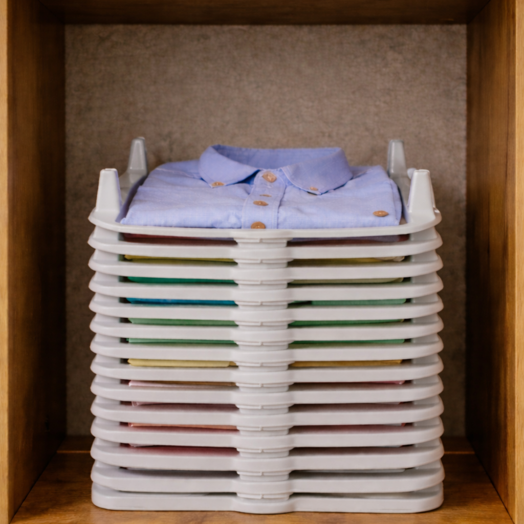 Organized wardrobe after using StackSmart Organizer