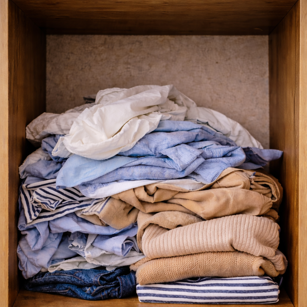 Messy wardrobe before using organizers